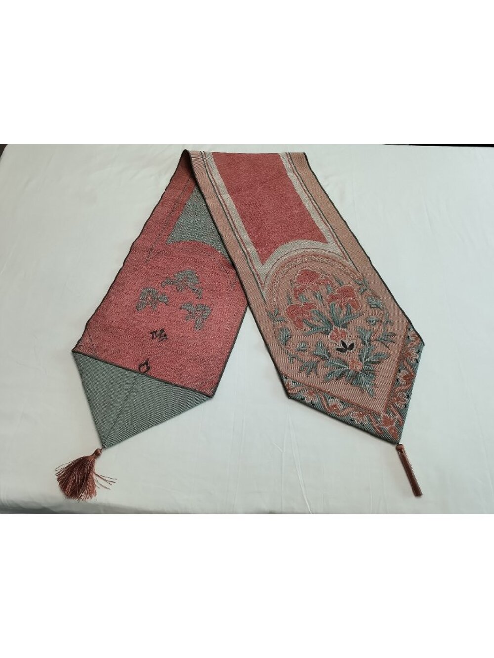 Classic Floral Tapestry Table Runner Terracotta Green Beige 70x13" with Tassels